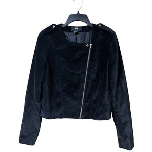H&M Womens Sz 12 Cropped Velvet Jacket Black Moto Biker Full Zip